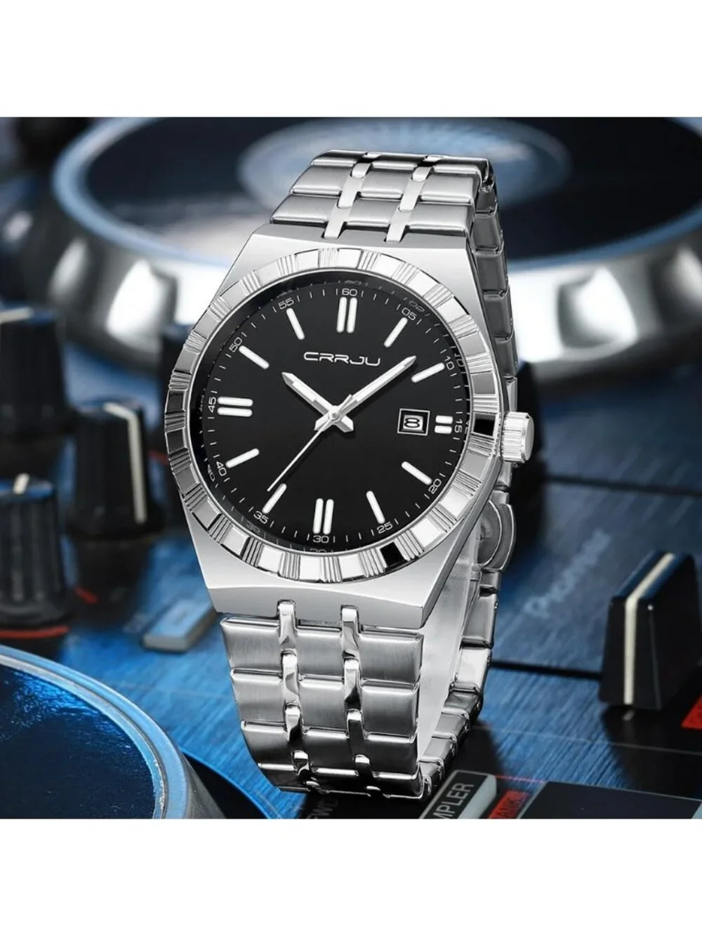 Men's Silver Black Luxury Luminous Analog Quartz Fashion Casual Wrist Watches